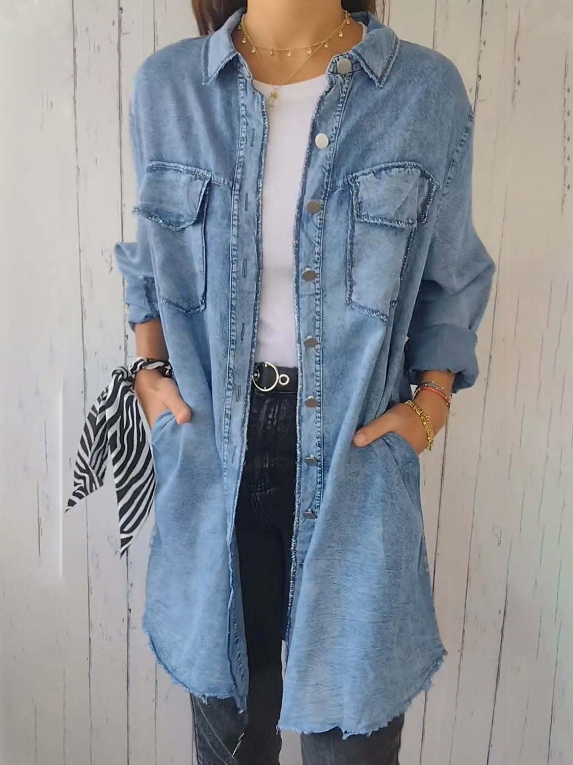 Women’s Long Denim Shacket with Raw Hem – Buttoned & Pocketed Oversized Fit