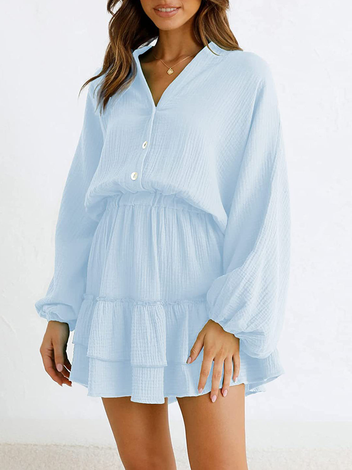 Women’s Buttoned Ruffled Mini Dress – Elegant & Flowy with Long Sleeves