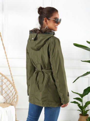 Hooded Buttoned Jacket with Pockets – Army Green, Black, and White