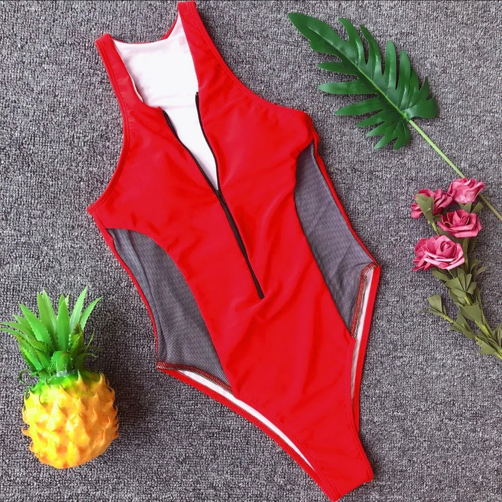 Sexy Mesh Panel Zip-Up One-Piece Swimsuit