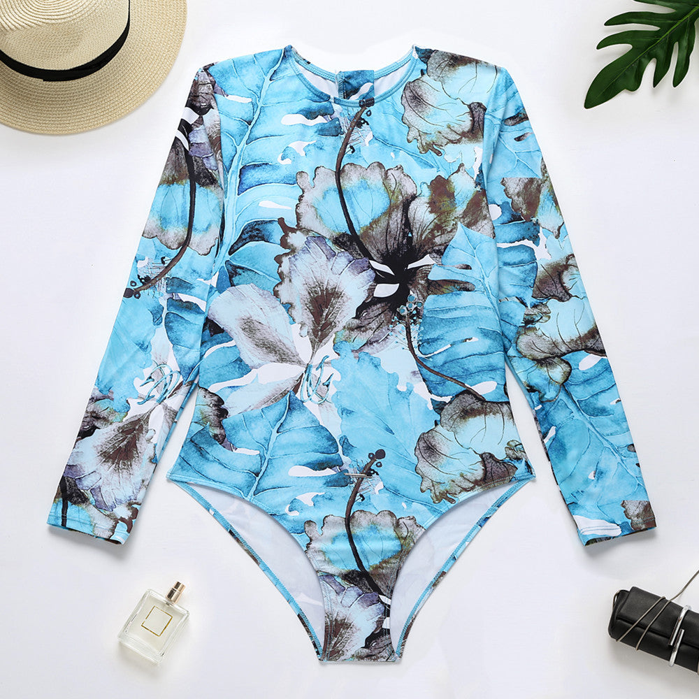 Floral Long Sleeve Surfing Swimsuit - Women's Rash Guard One-Piece