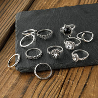 Vintage Silver-Tone 11-Piece Stacking Ring Set with Synthetic Crystals