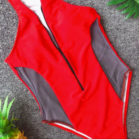 Sexy Mesh Panel Zip-Up One-Piece Swimsuit