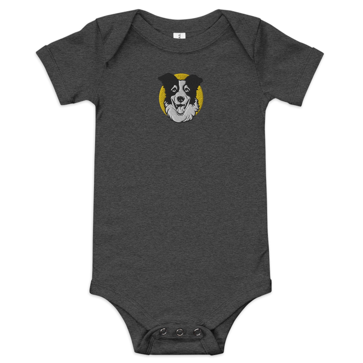 Embroidered Collie Craze Happy Yellow Baby One Piece