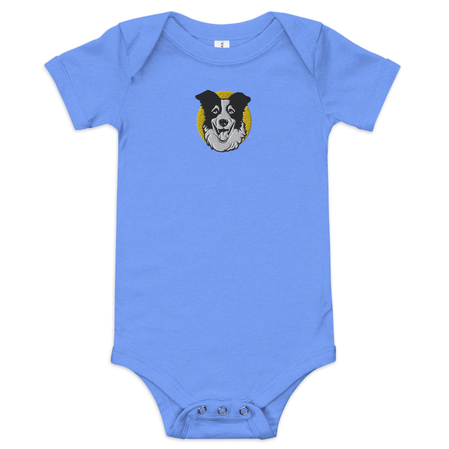 Embroidered Collie Craze Happy Yellow Baby One Piece