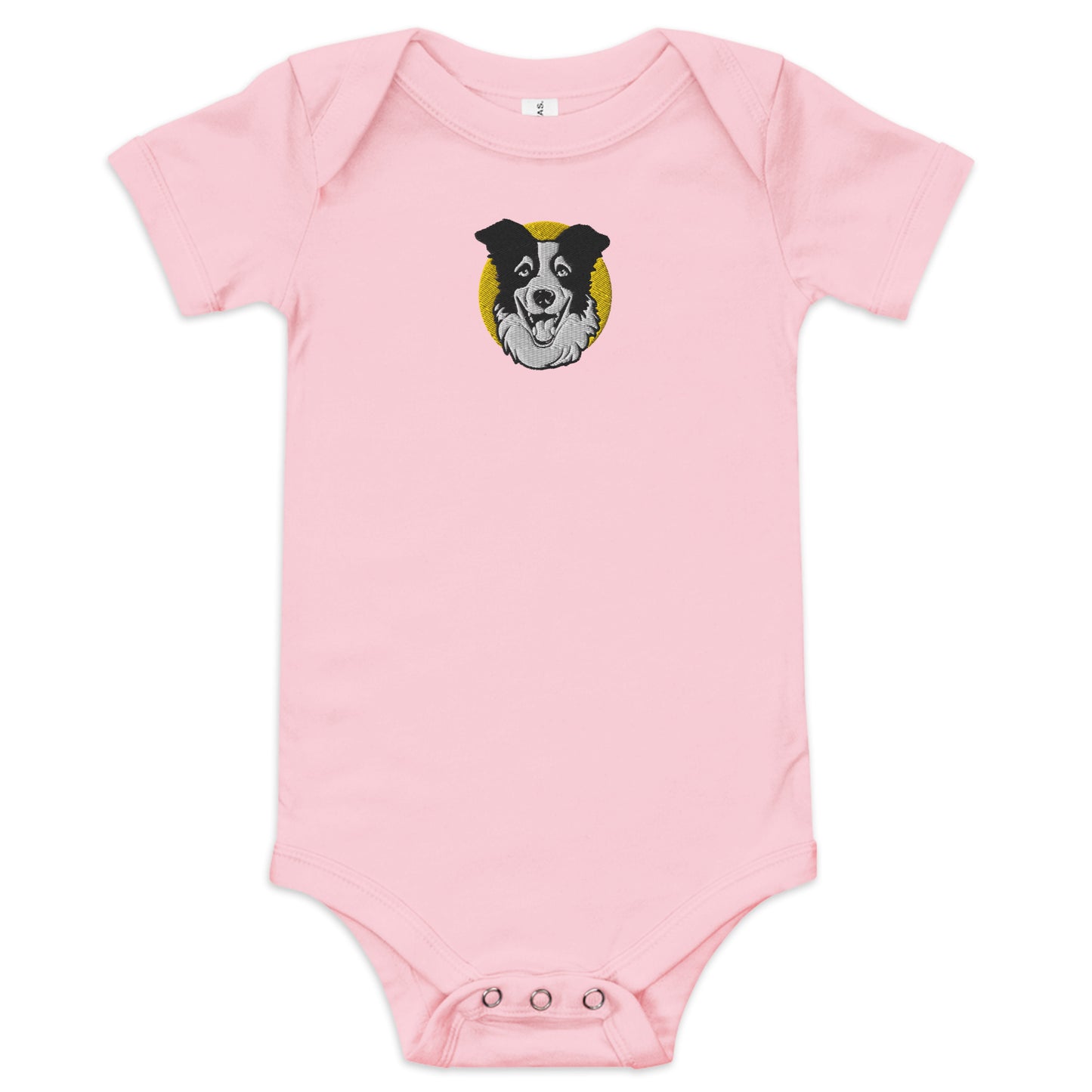 Embroidered Collie Craze Happy Yellow Baby One Piece