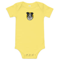 Embroidered Collie Craze Happy Yellow Baby One Piece