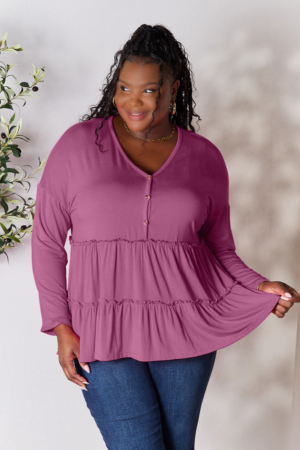 Buttoned V-Neck Ruffle Hem Long Sleeve Top