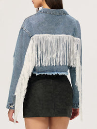 Distressed Denim Jacket with Fringe Detailing – Cropped Button-Up