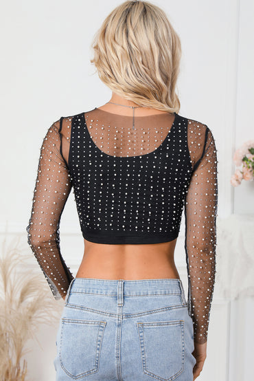 Sheer Mesh Top with Pearl and Rhinestone Detail - Elegant Crop Shirt