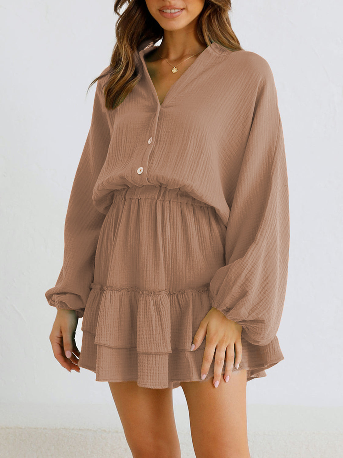 Women’s Buttoned Ruffled Mini Dress – Elegant & Flowy with Long Sleeves