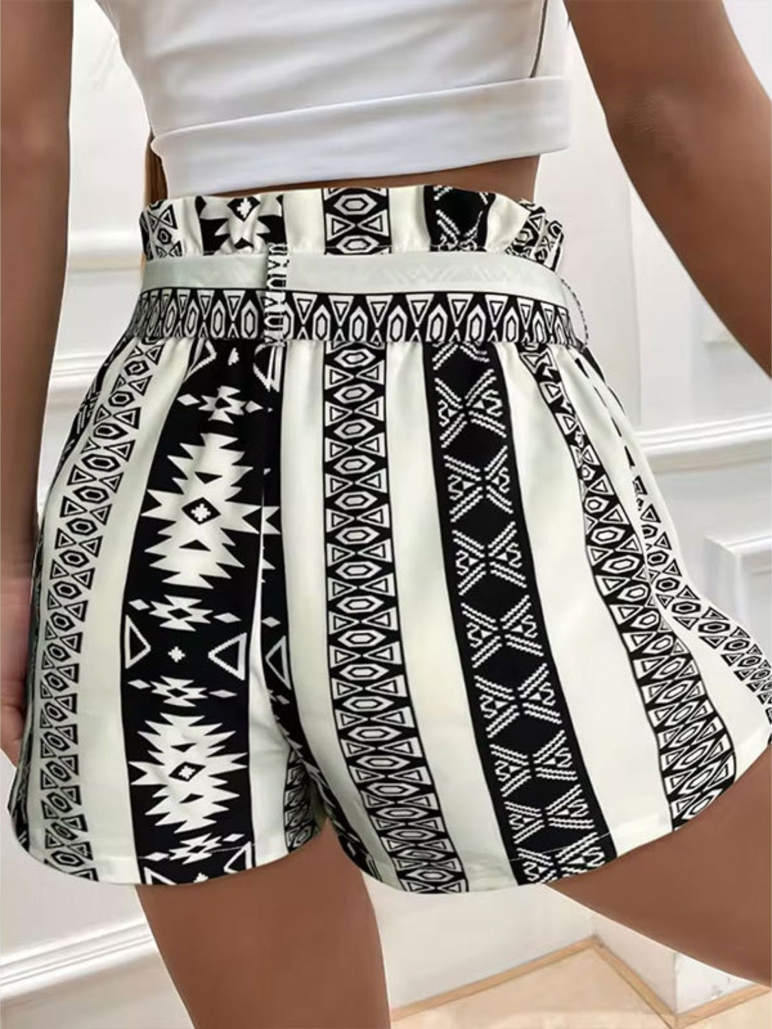 Women's High-Waist Printed Tied Shorts – Black & White Pattern