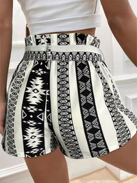 Women's High-Waist Printed Tied Shorts – Black & White Pattern