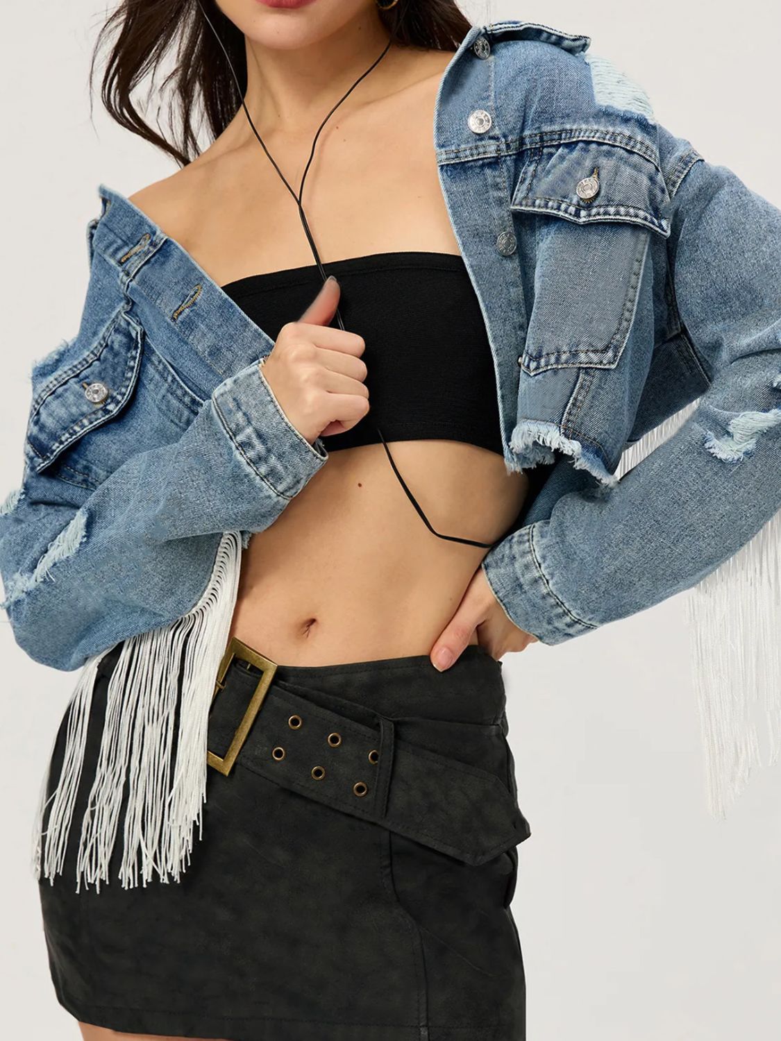 Distressed Denim Jacket with Fringe Detailing – Cropped Button-Up