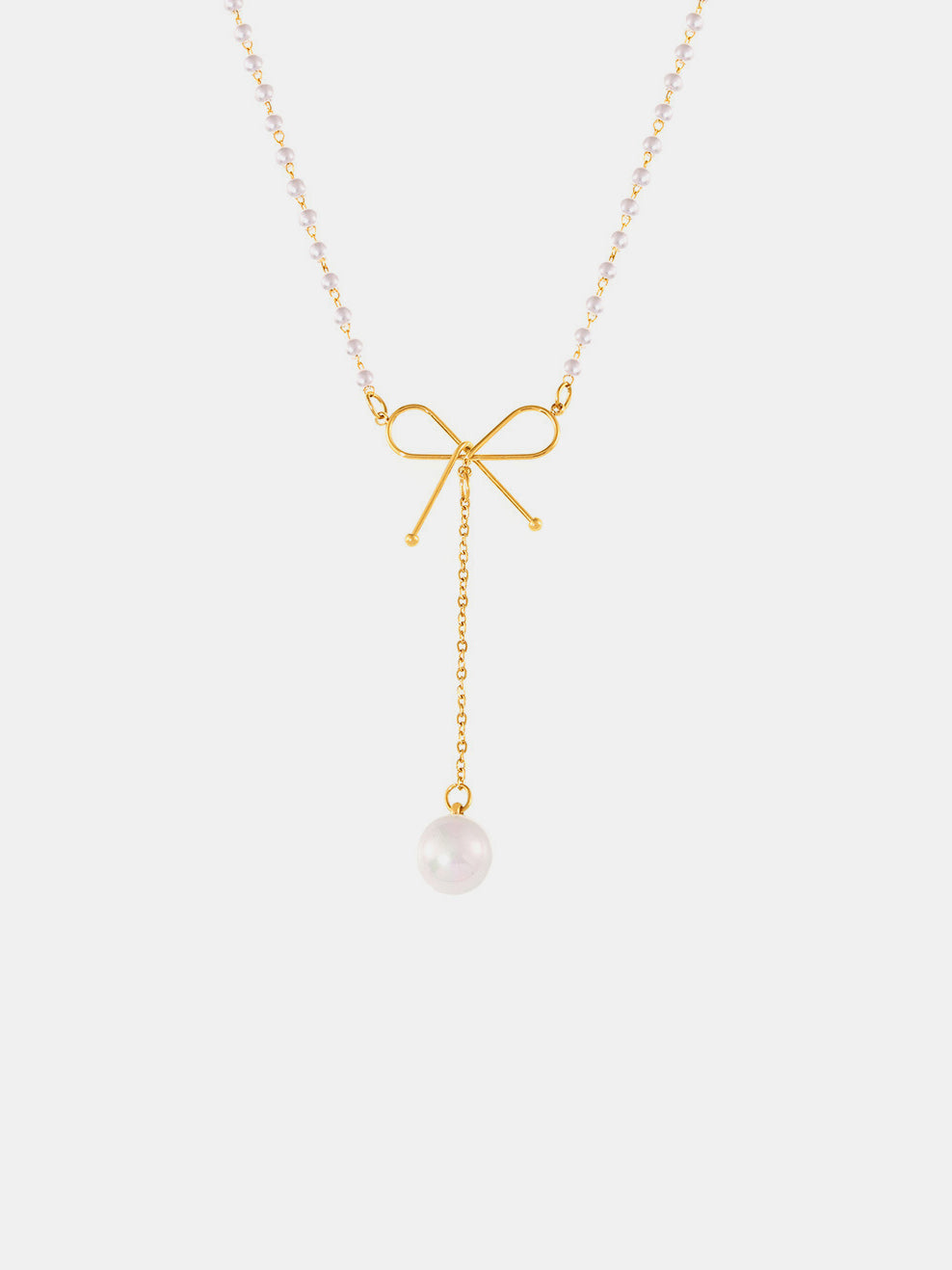 Dainty Bow and Pearl Pendant Necklace – 18K Gold-Plated Elegance