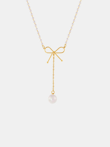 Dainty Bow and Pearl Pendant Necklace – 18K Gold-Plated Elegance