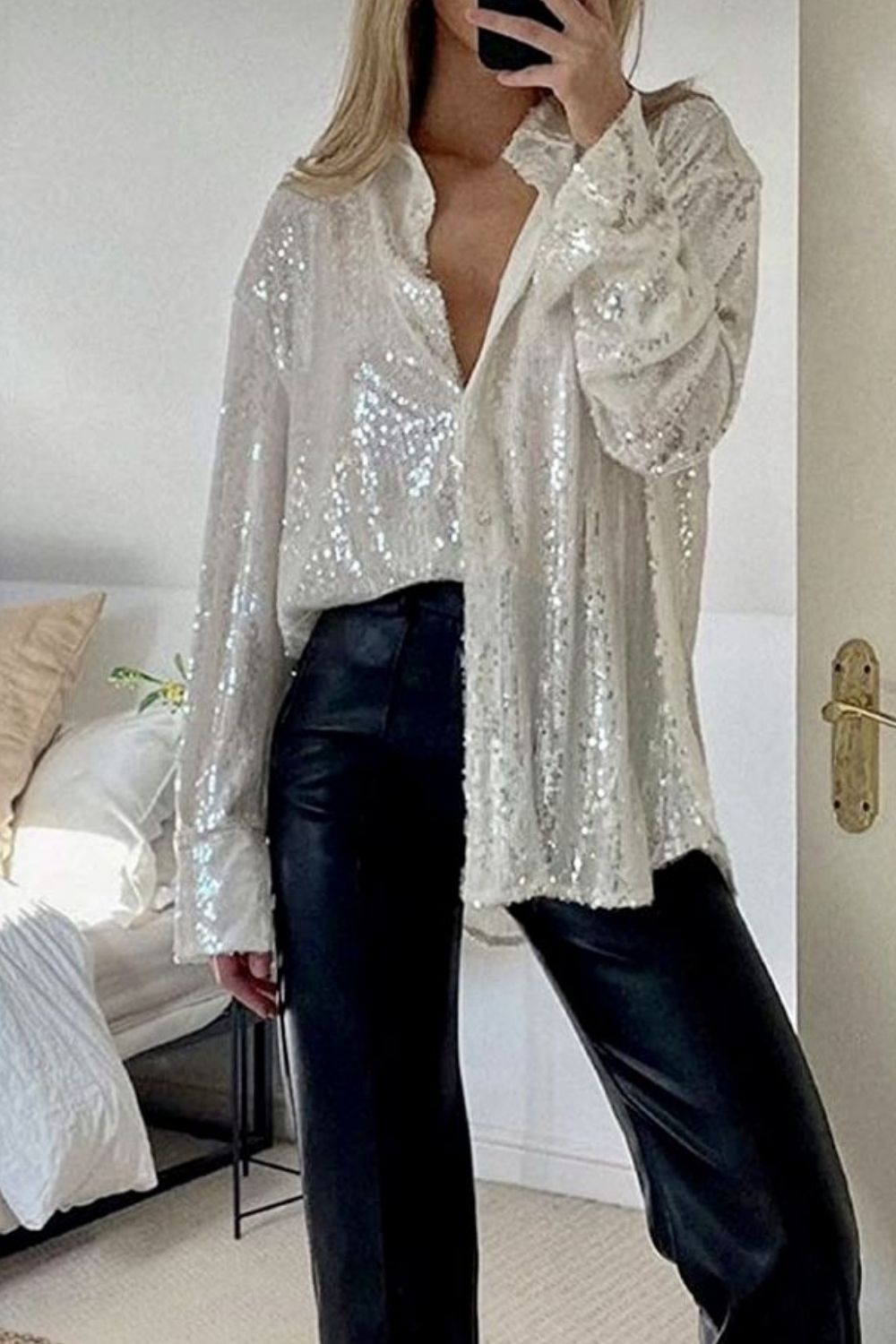 Sequin Button-Up Long Sleeve Shirt – Sparkle and Style for Any Occasion