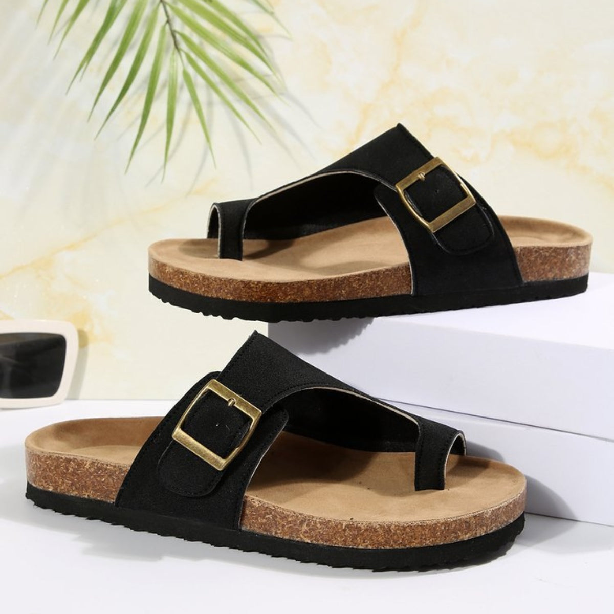 Women’s Buckle Strap Suede Flat Sandals – Available in Black, Pink, & Khaki