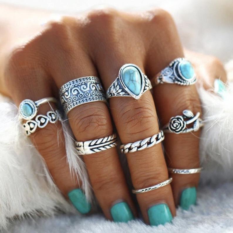 Boho-Chic 10-Piece Turquoise & Alloy Ring Set – Vintage Style Jewelry