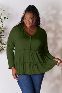 Buttoned V-Neck Ruffle Hem Long Sleeve Top