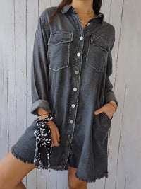 Women’s Long Denim Shacket with Raw Hem – Buttoned & Pocketed Oversized Fit