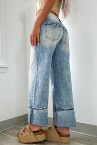 Cuffed Wide-Leg Washed Jeans – No Stretch, Classic Denim Look