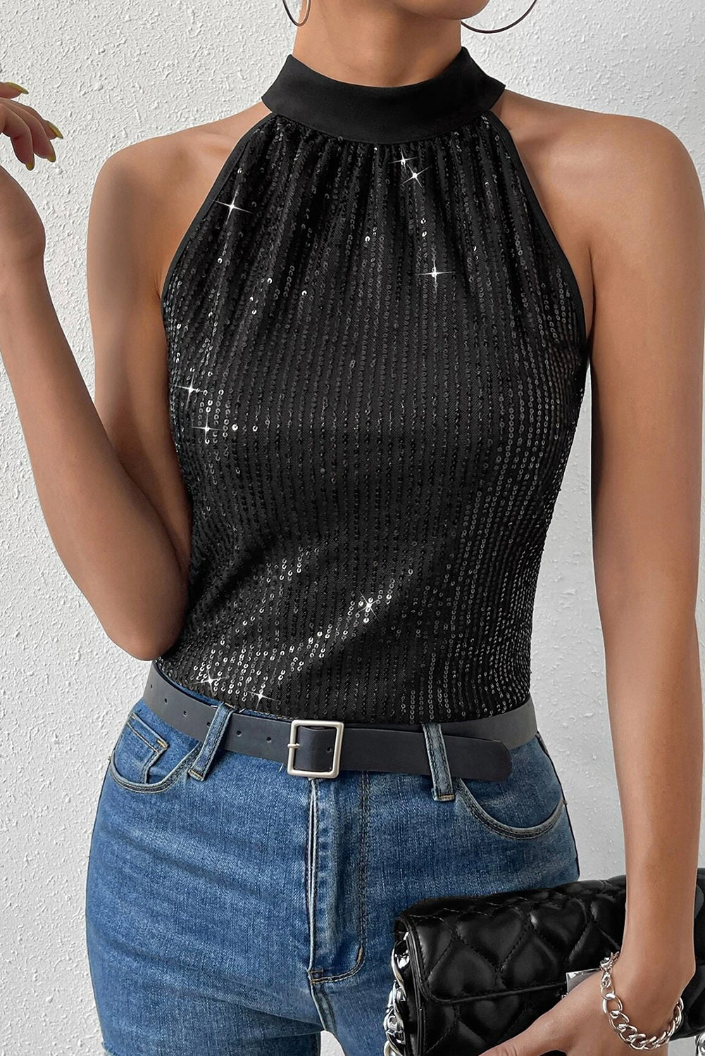 Keyhole Tie Back Sequined Tank Top