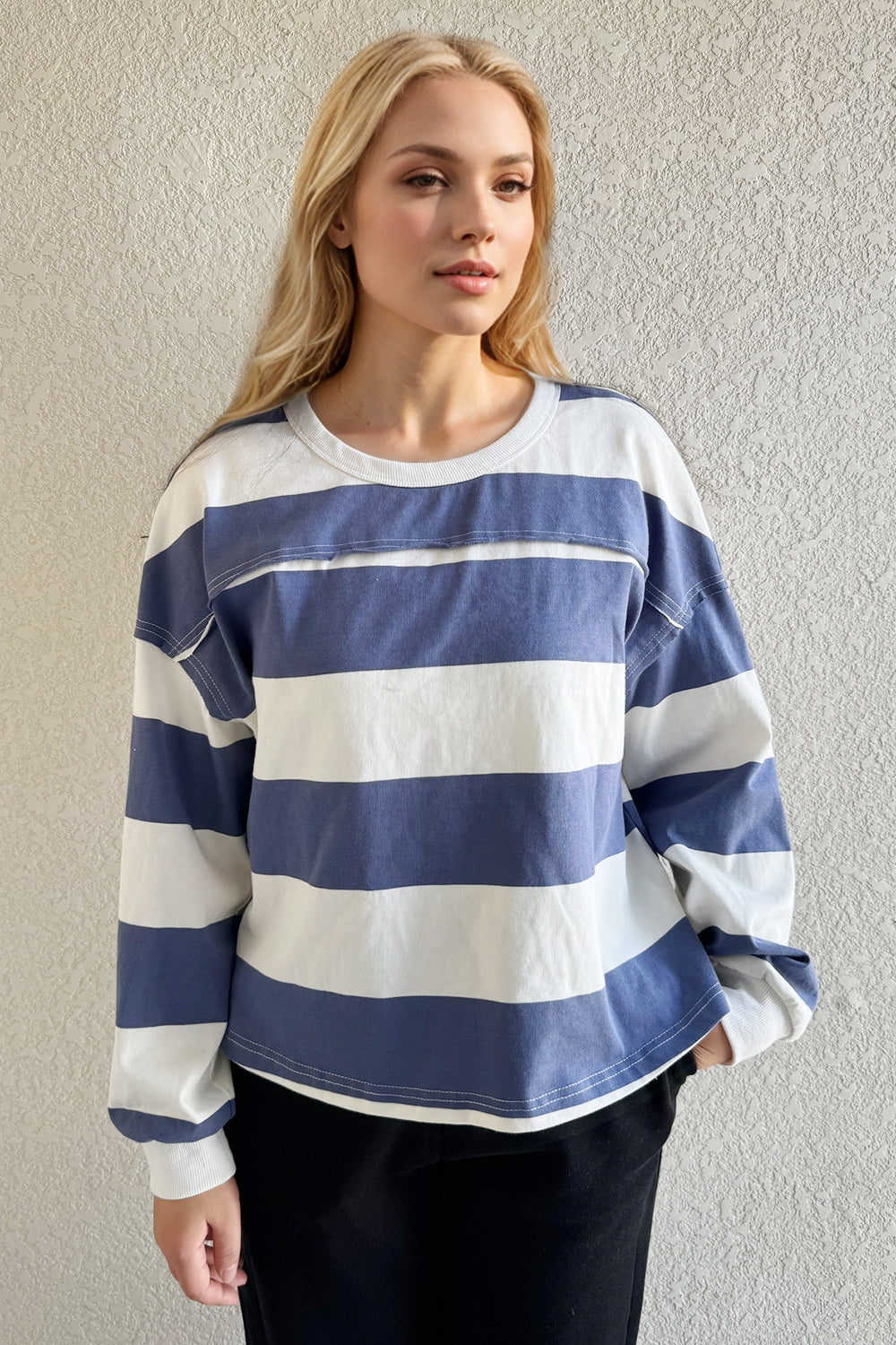 Striped Long Sleeve Top with Exposed Seam – Dusty Blue