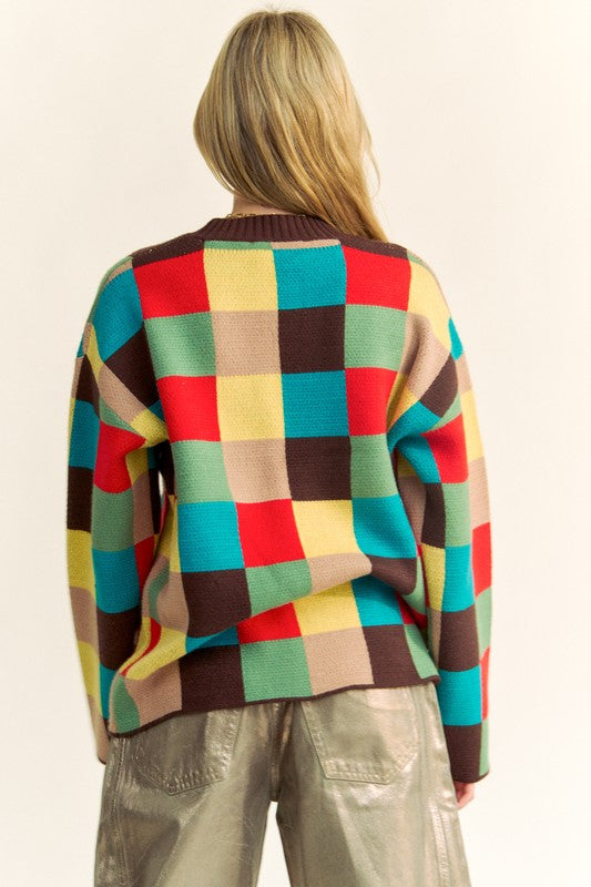 Color Block Checkered Dropped Shoulder Sweater – Trendy and Cozy Knit