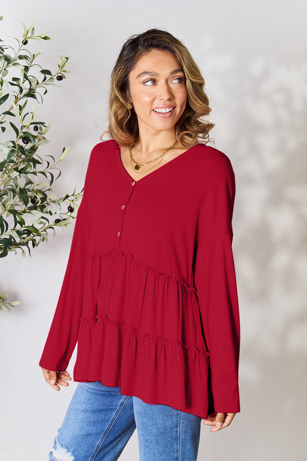 Buttoned V-Neck Ruffle Hem Long Sleeve Top