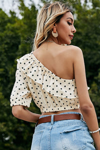 Shiny Polka Dot One-Shoulder Ruffled Crop Top