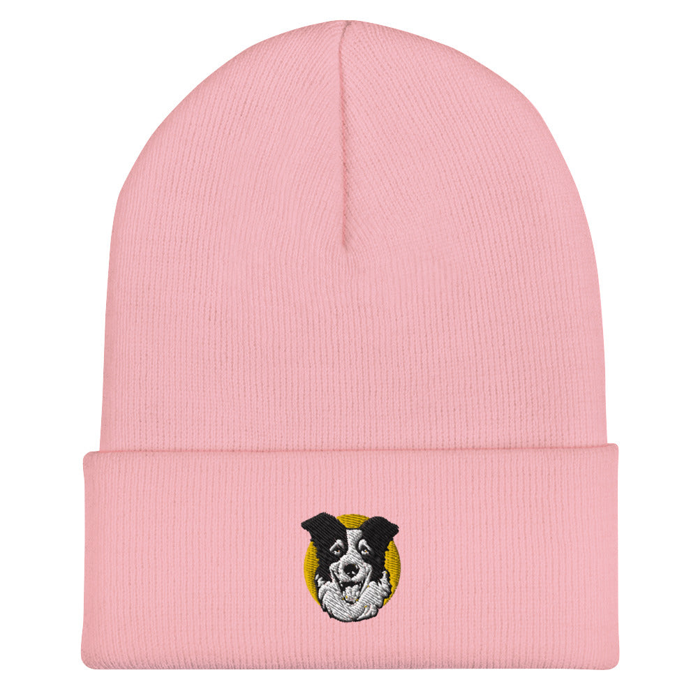 Embroidered Collie Craze Happy Yellow Cuffed Beanie