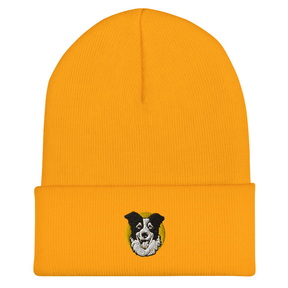 Embroidered Collie Craze Happy Yellow Cuffed Beanie