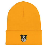 Embroidered Collie Craze Happy Yellow Cuffed Beanie