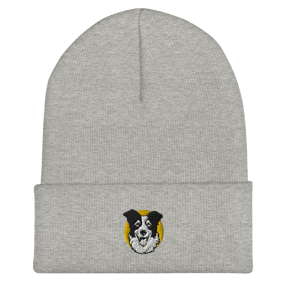 Embroidered Collie Craze Happy Yellow Cuffed Beanie