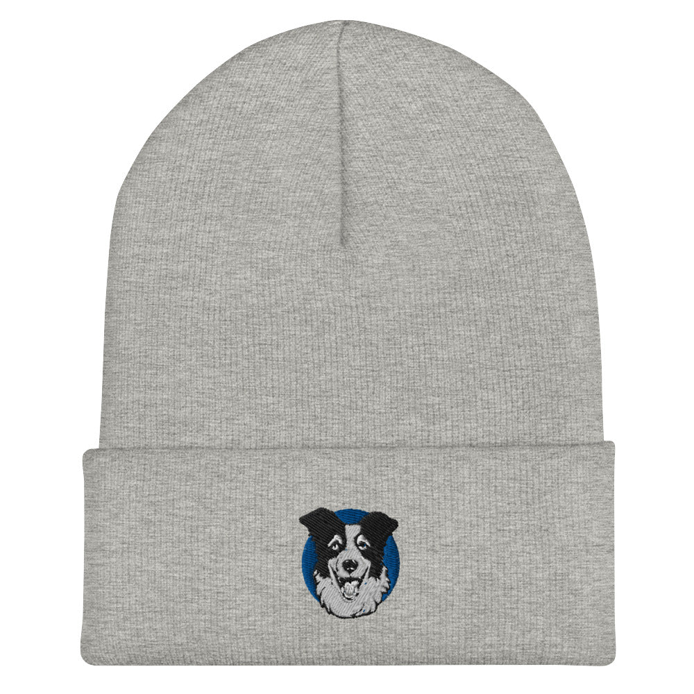 Embroidered Collie Craze Happy Blue Cuffed Beanie