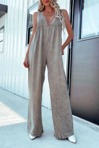 Women’s V-Neck Wide-Leg Washed Denim Jumpsuit – Effortless & Trendy