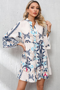 White Printed Tribal Print Bracelet Sleeve Buttoned Mini Dress