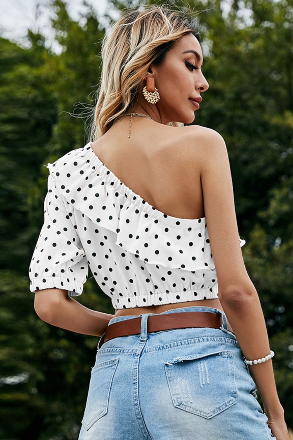 Shiny Polka Dot One-Shoulder Ruffled Crop Top