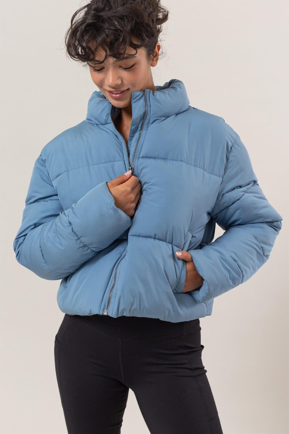 Quilted Gray Blue Puffer Jacket with Stand Collar & Pockets – Cozy & Stylish Outerwear