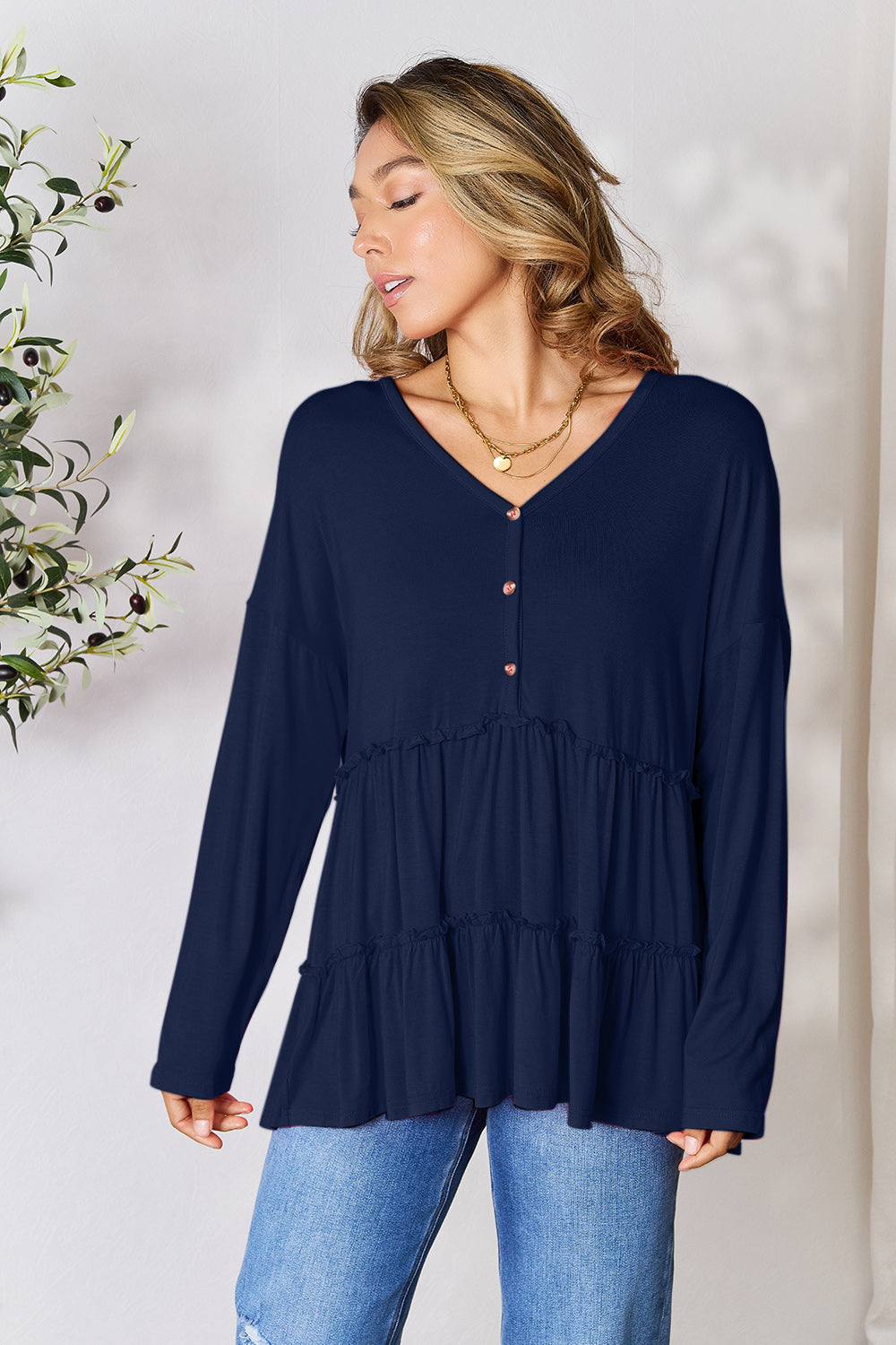 Buttoned V-Neck Ruffle Hem Long Sleeve Top