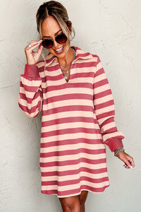 Women's Striped Long-Sleeve Shirt Dress – Black & Dusty Pink