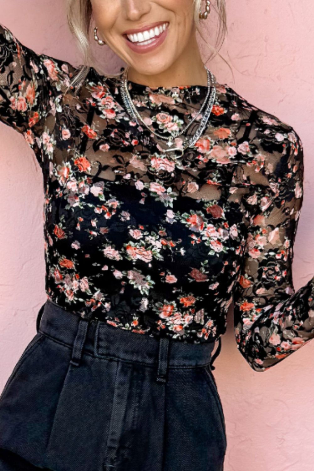 Floral Mesh Sheer Long Sleeve Top – Elegant & Playful Layering Piece