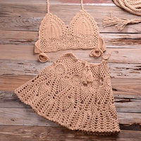 Crochet Halter Top and Skirt Set - Women's Boho Beachwear