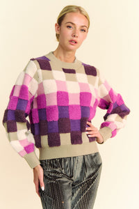 Women’s Checkered Round Neck Long Sleeve Sweater – Cozy & Stylish