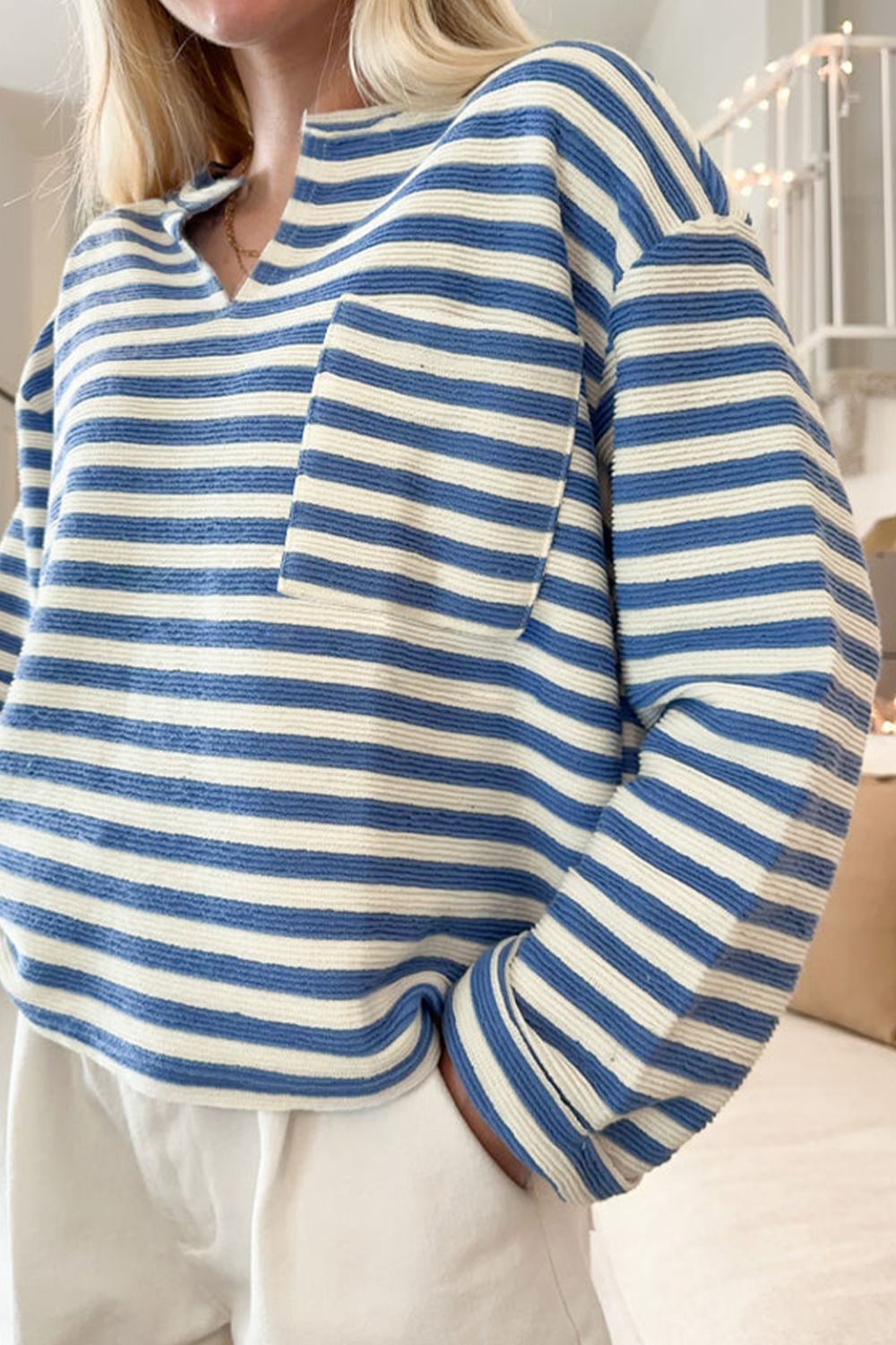 Striped Long-Sleeve Top with Pocket – Casual Everyday Essential