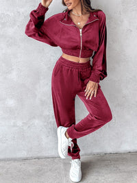 Velvet Two-Piece Jogger Set with Zip-Up Hoodie – Available in Navy, Deep Teal, Black, and Burgundy