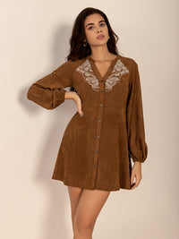 Women’s Embroidered Buttoned Mini Dress – Long Sleeve Suede Style