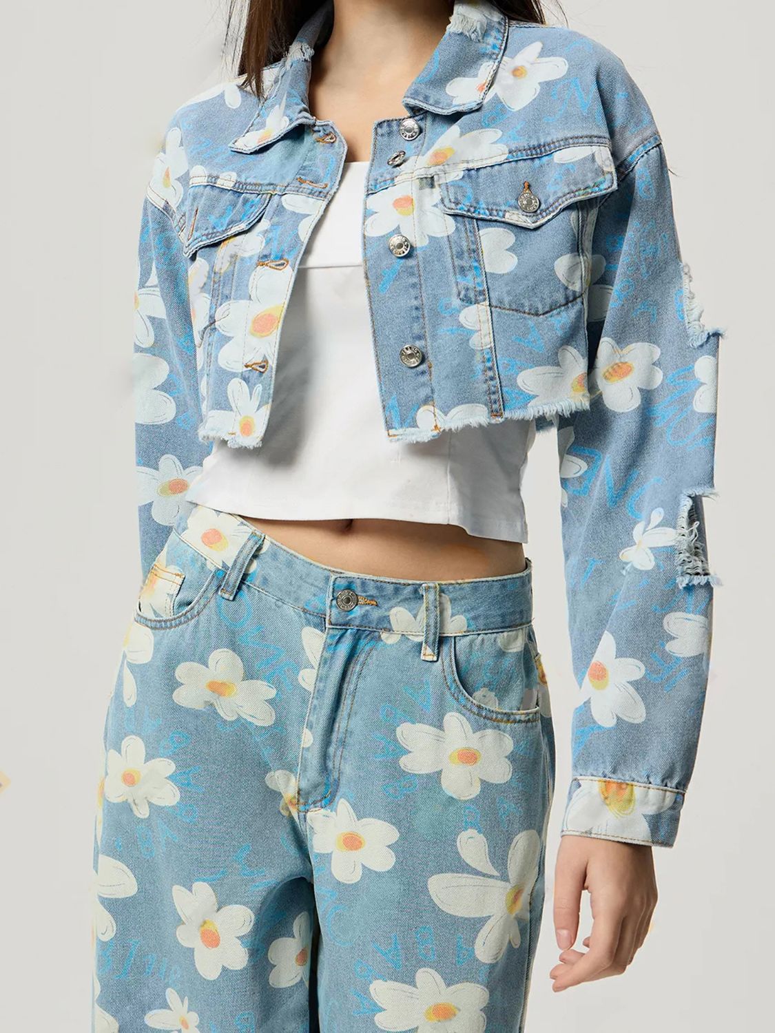 Floral Cropped Distressed Denim Jacket – Buttoned, Raw Hem, Matching Pants Available