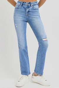 Distressed High-Rise Ankle Straight Jeans – Slight Stretch, Pocketed